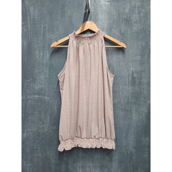 Adrianna Papell Blush Pink Black Polka Dot Knit Blouse High Halter Neck Large - Picture 6 of 13